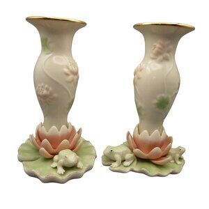 Lenox Floral Frog Candlesticks Fine Ivory China Gold Trim 2002 Retired EUC